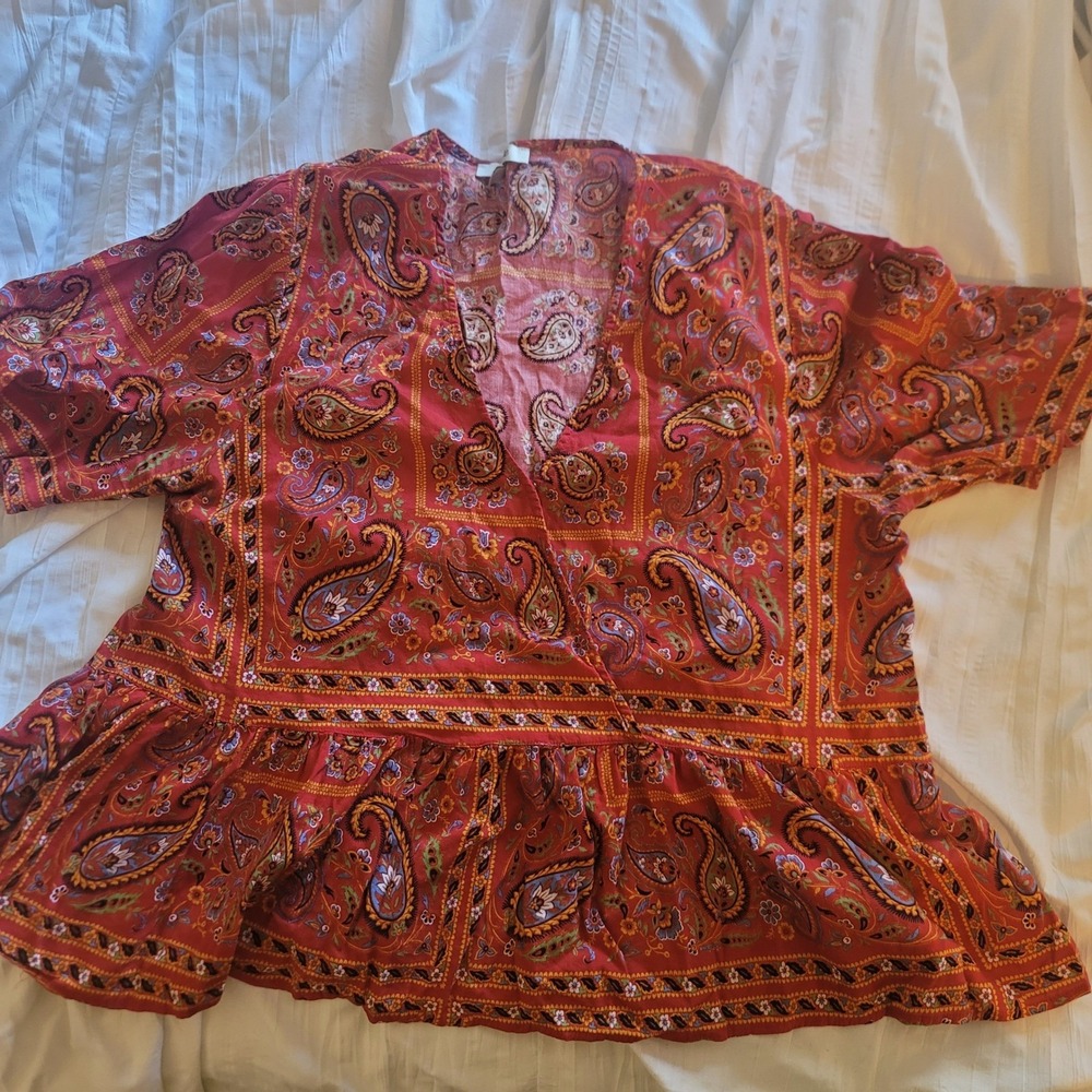 Madewell Paisley Print Peplum Top‎ Red Boho Festival Blouse Medium - Picture 4 of 7